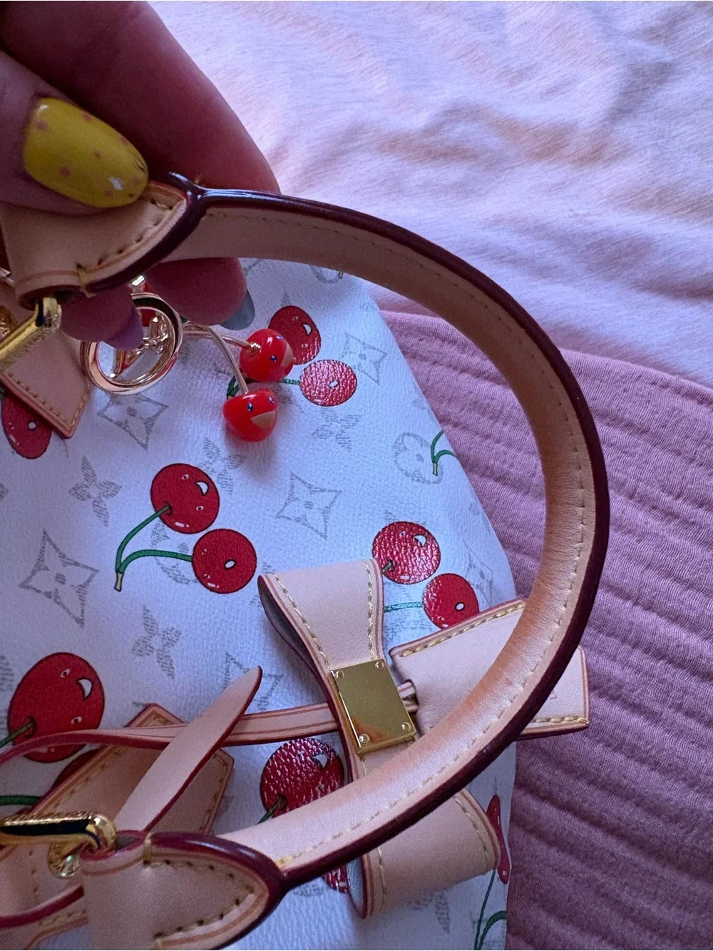 Speedy White Cherry Print Monogram Top-Handle Bag